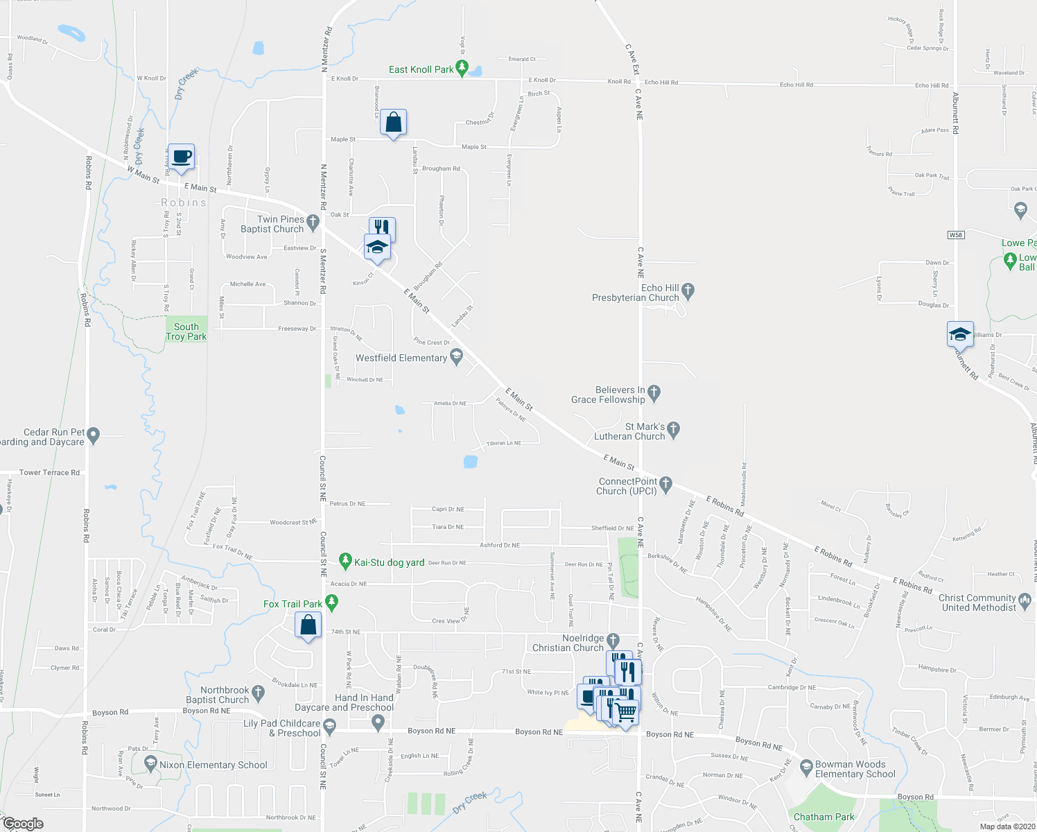 map of restaurants, bars, coffee shops, grocery stores, and more near 825 Palmyra Drive Northeast in Cedar Rapids