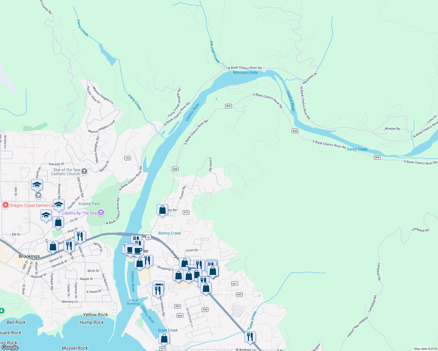 map of restaurants, bars, coffee shops, grocery stores, and more near 98008 Crown Terrace in Brookings