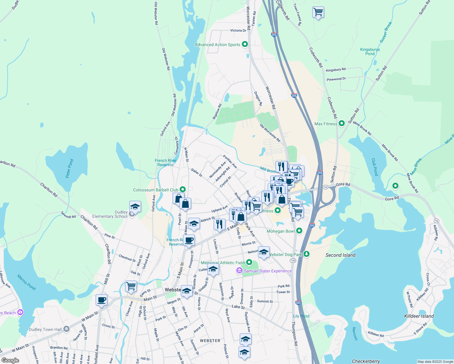 map of restaurants, bars, coffee shops, grocery stores, and more near 32 Brodeur Avenue in Webster