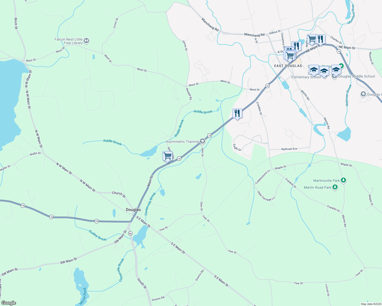 map of restaurants, bars, coffee shops, grocery stores, and more near 85 Main Street in Douglas