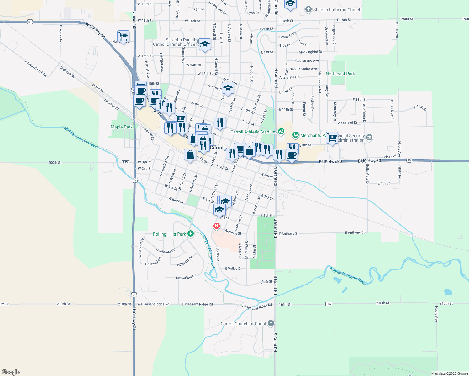 map of restaurants, bars, coffee shops, grocery stores, and more near 318 E 3rd St in Carroll