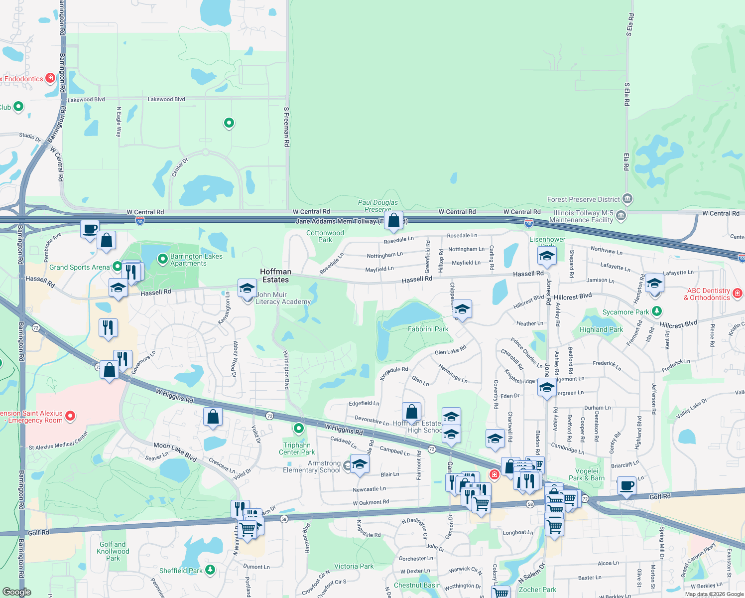 map of restaurants, bars, coffee shops, grocery stores, and more near 1419 Hassell Place in Hoffman Estates