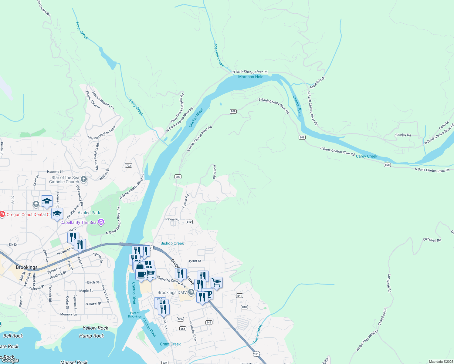 map of restaurants, bars, coffee shops, grocery stores, and more near 98008 Crown Terrace in Brookings