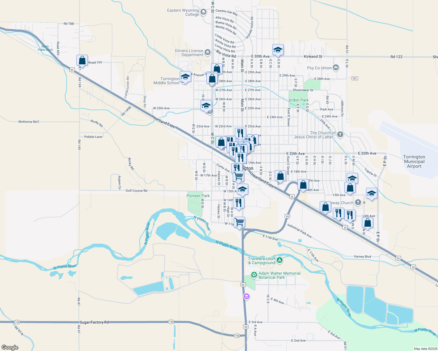 map of restaurants, bars, coffee shops, grocery stores, and more near 357 West 17th Avenue in Torrington
