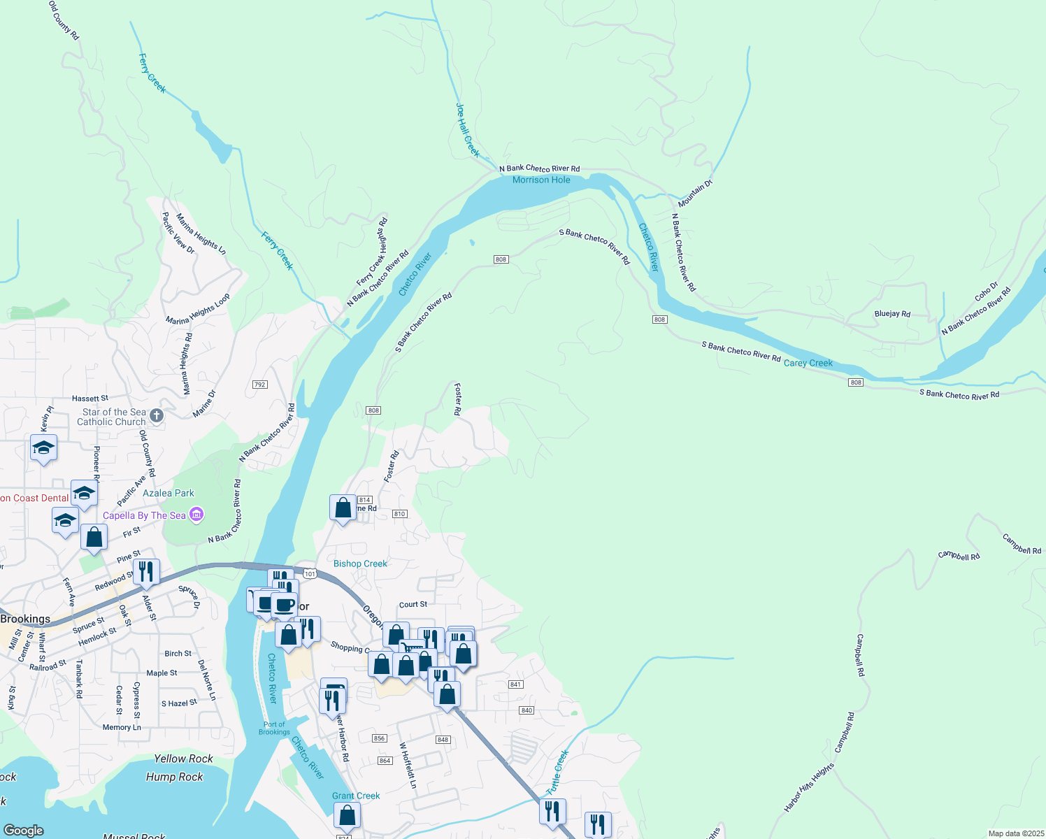 map of restaurants, bars, coffee shops, grocery stores, and more near 98025 Crown Terrace in Brookings