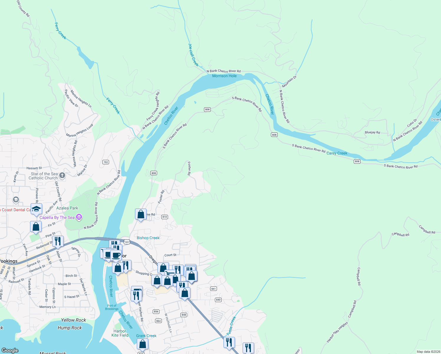 map of restaurants, bars, coffee shops, grocery stores, and more near 98028 Crown Terrace in Brookings