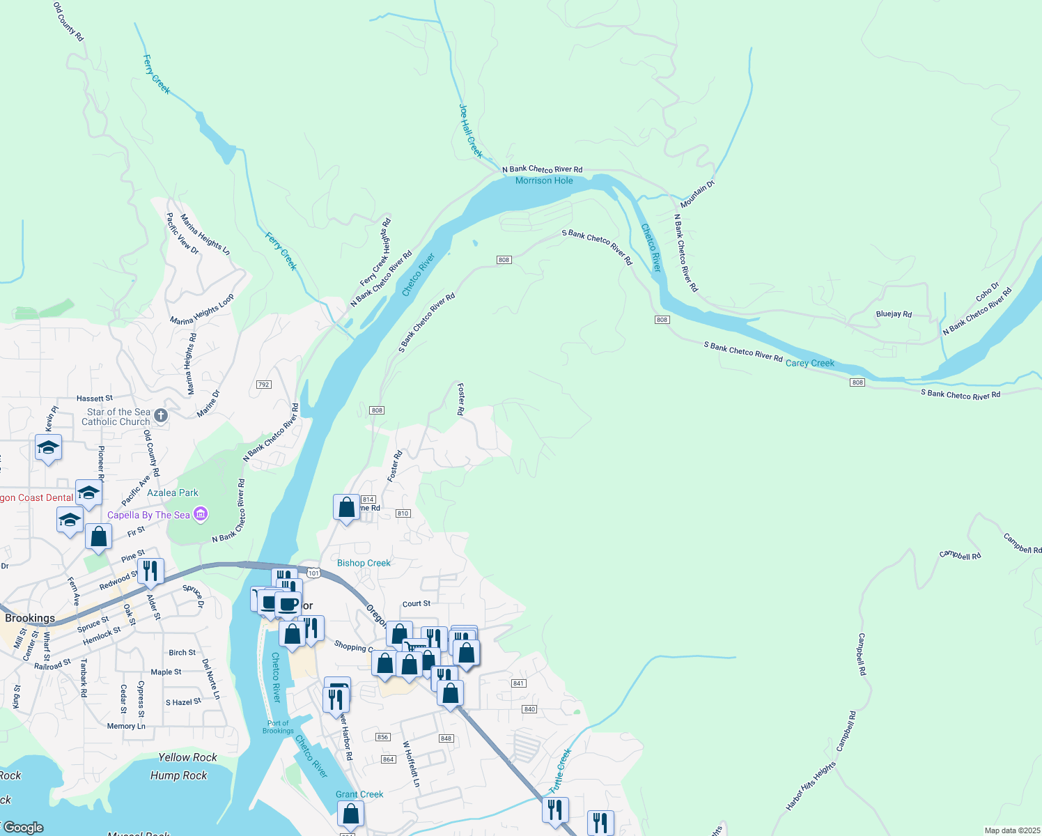 map of restaurants, bars, coffee shops, grocery stores, and more near 98025 Crown Terrace in Brookings