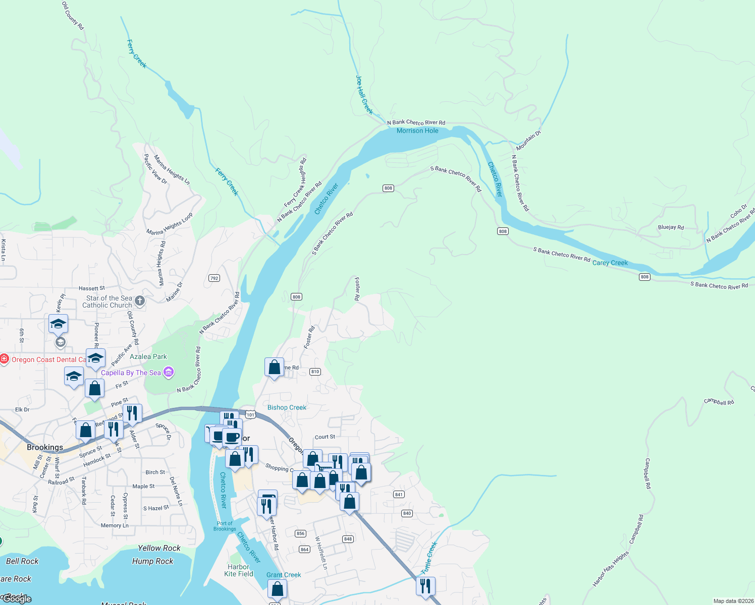 map of restaurants, bars, coffee shops, grocery stores, and more near 98008 Crown Terrace in Brookings