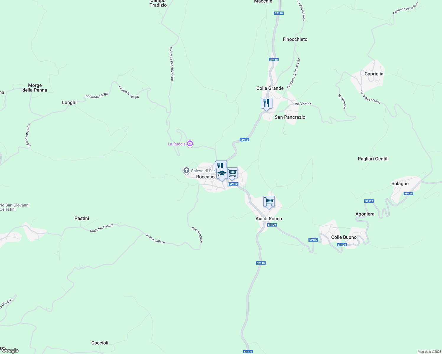 map of restaurants, bars, coffee shops, grocery stores, and more near 6 SP110 in Roccascalegna