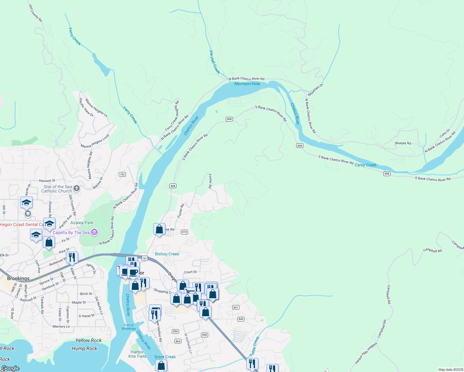 map of restaurants, bars, coffee shops, grocery stores, and more near 98025 Crown Terrace in Brookings