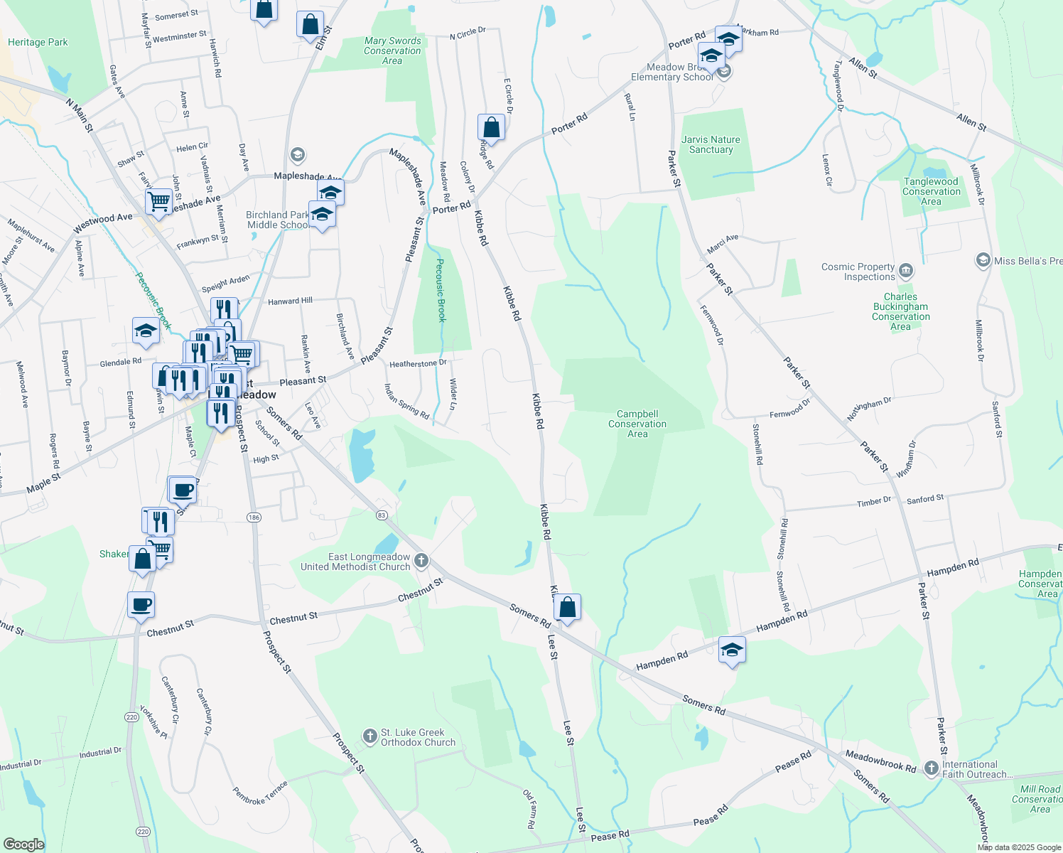 map of restaurants, bars, coffee shops, grocery stores, and more near 172 Kibbe Road in East Longmeadow