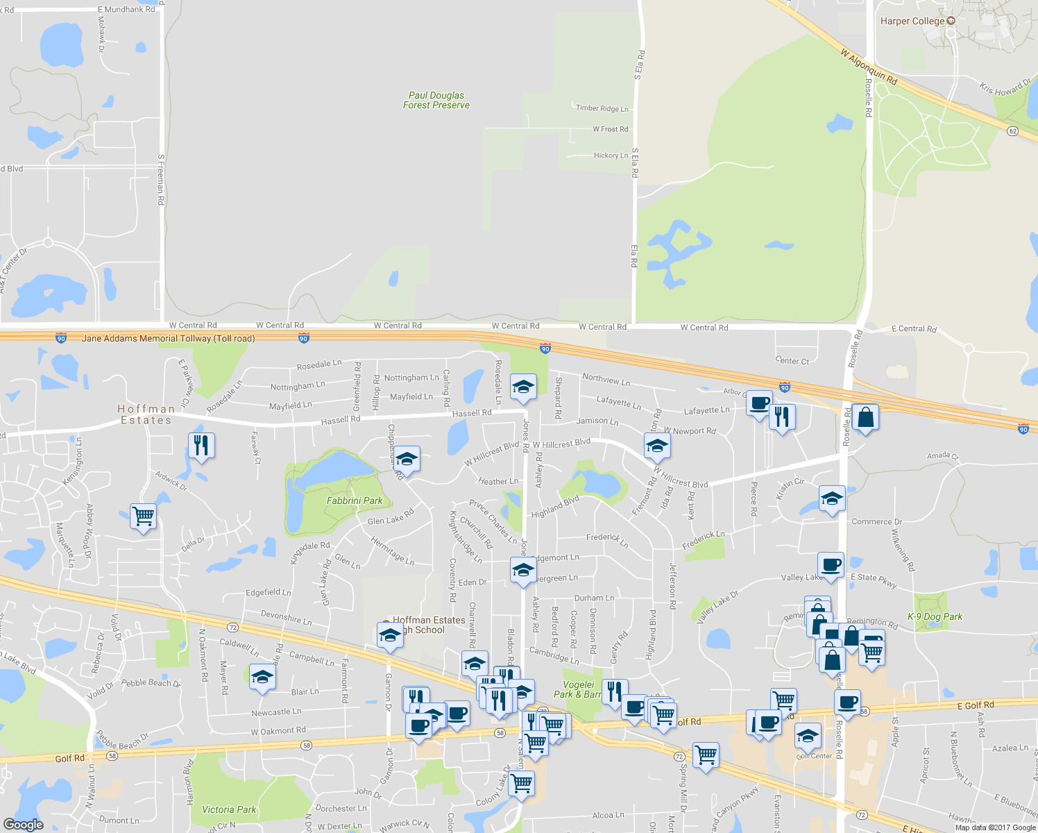 map of restaurants, bars, coffee shops, grocery stores, and more near 816 West Lakeside Plaza in Hoffman Estates