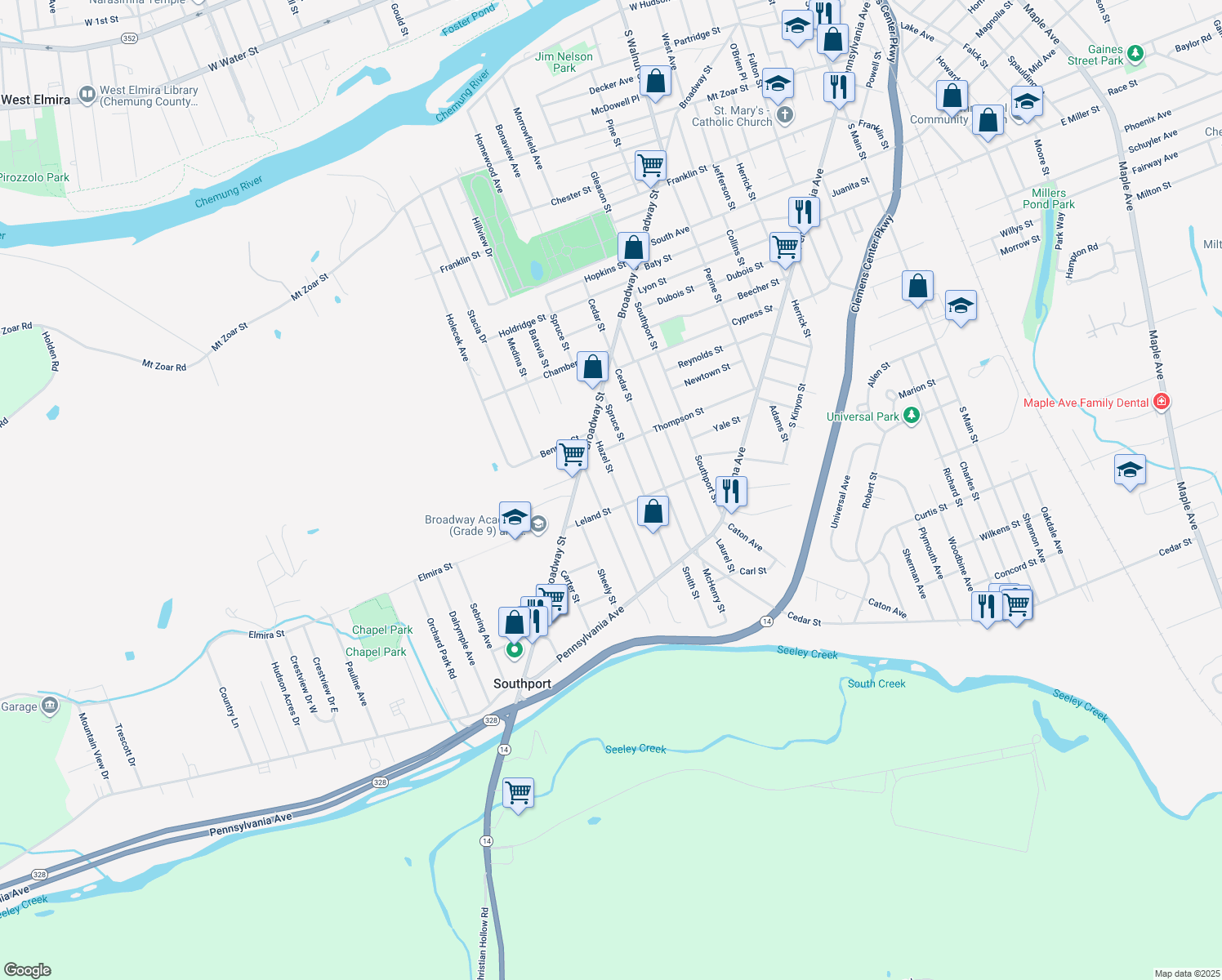 map of restaurants, bars, coffee shops, grocery stores, and more near 820 Hazel St in Elmira