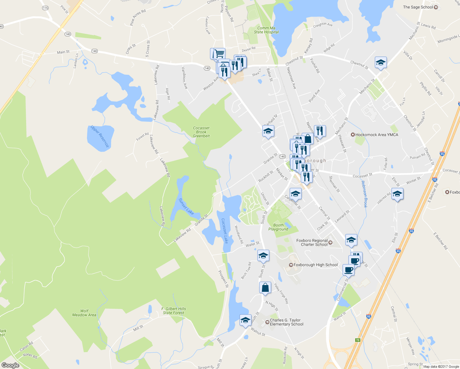 map of restaurants, bars, coffee shops, grocery stores, and more near 51 Granite Street in Foxborough