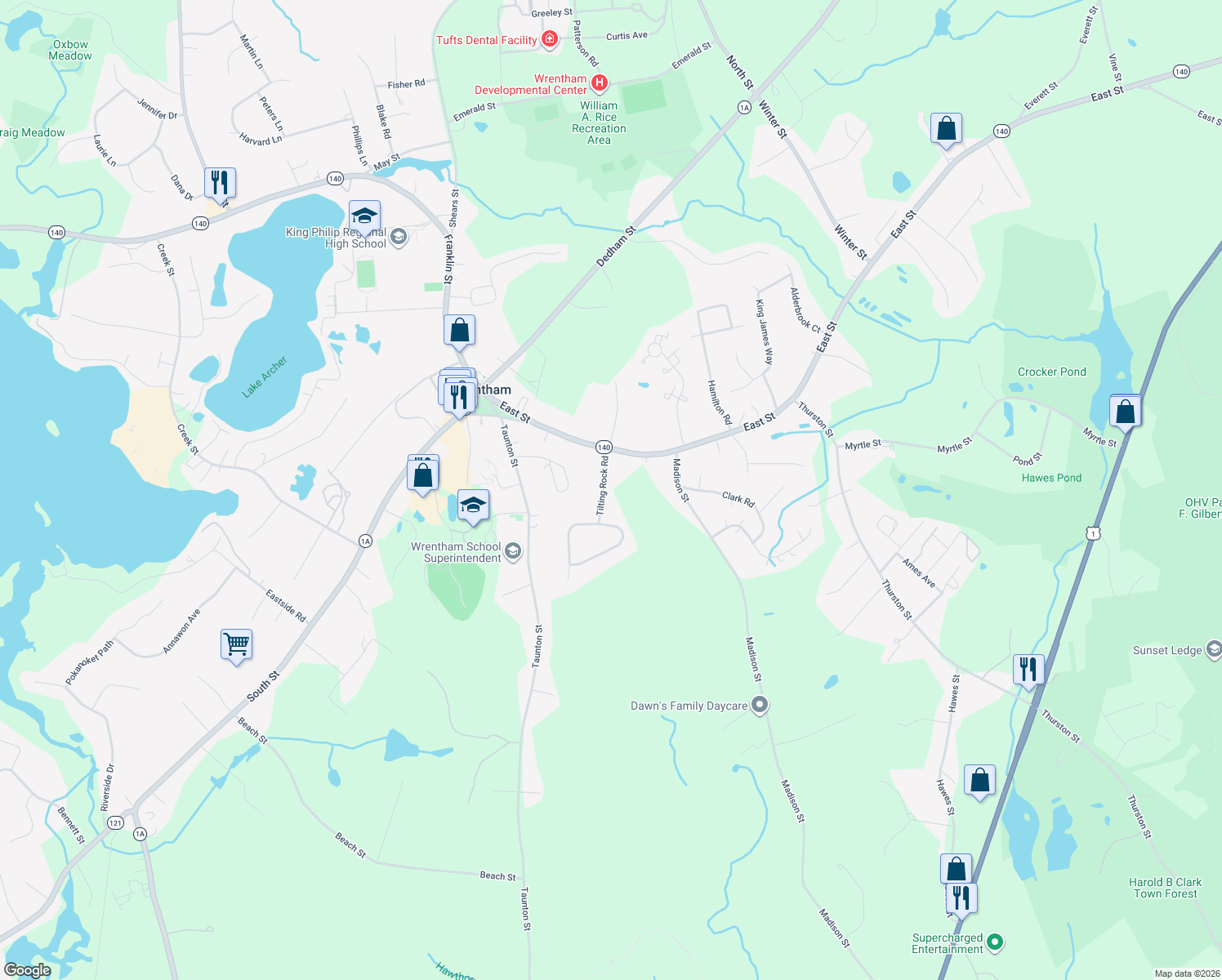 map of restaurants, bars, coffee shops, grocery stores, and more near 25 Tilting Rock Road in Wrentham
