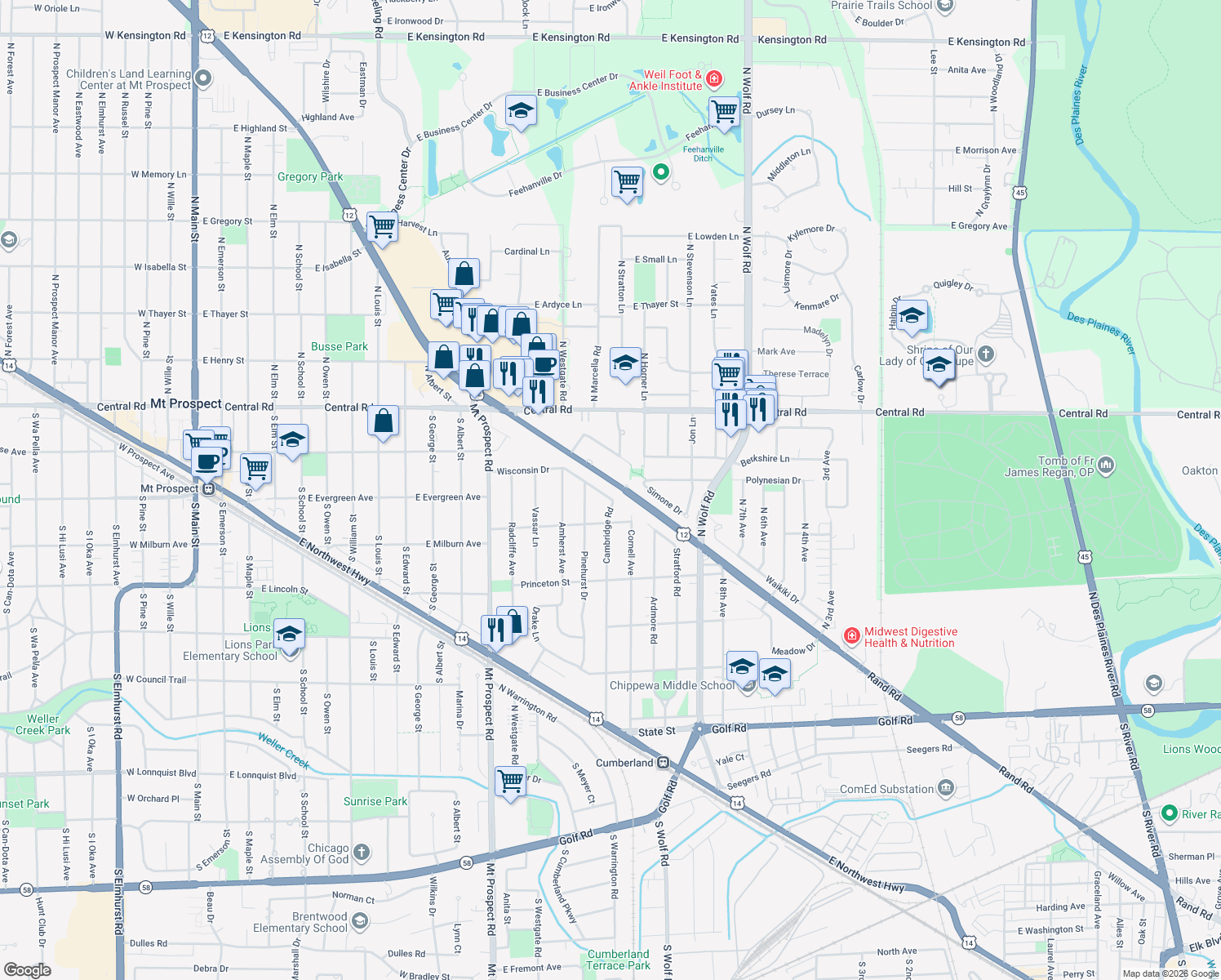 map of restaurants, bars, coffee shops, grocery stores, and more near 330 Wisconsin Drive in Des Plaines