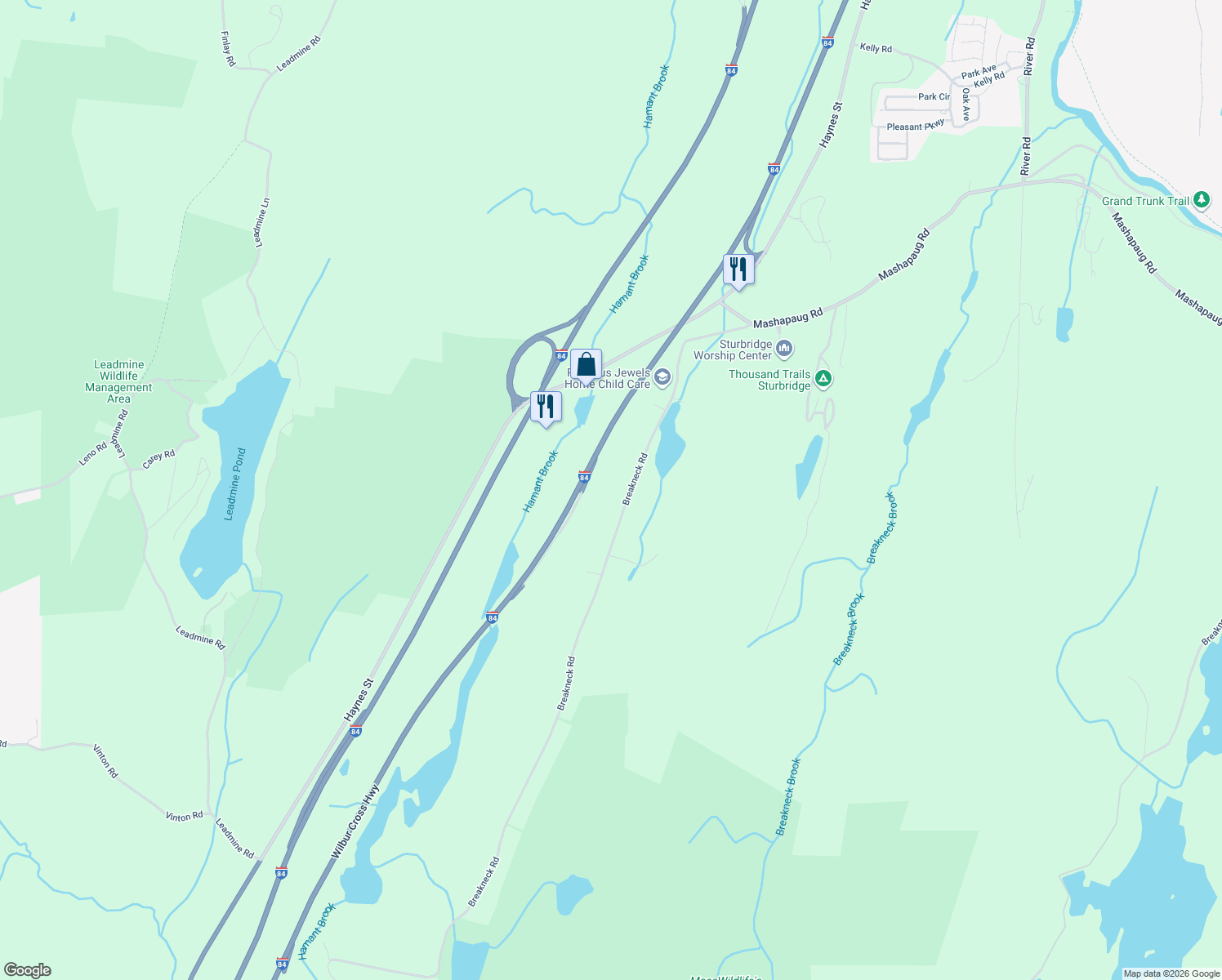 map of restaurants, bars, coffee shops, grocery stores, and more near 44 Breakneck Road in Sturbridge