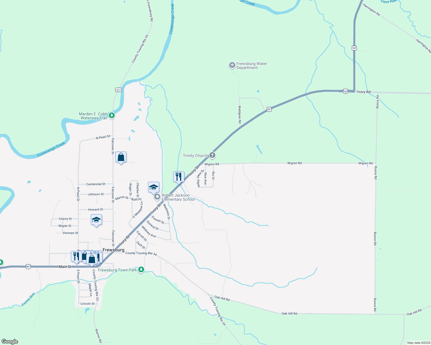 map of restaurants, bars, coffee shops, grocery stores, and more near 13 Rio Drive in Frewsburg