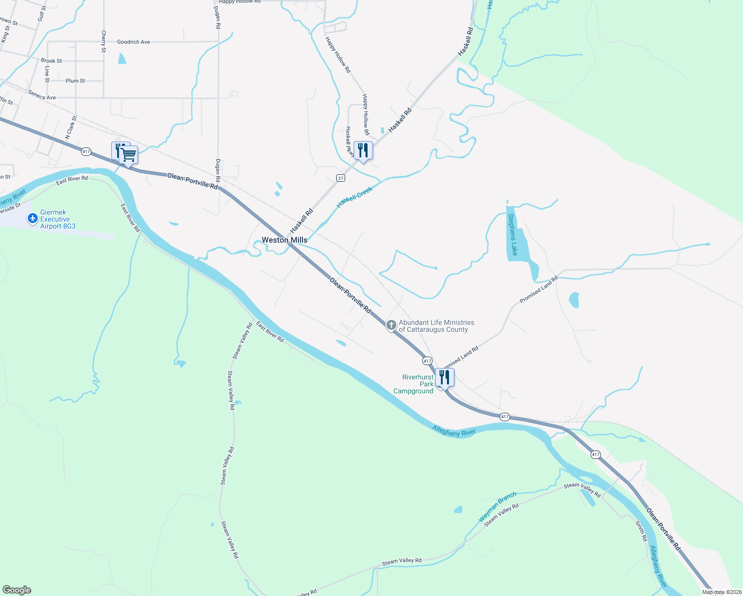 map of restaurants, bars, coffee shops, grocery stores, and more near 1378 Olean-Portville Road in Olean