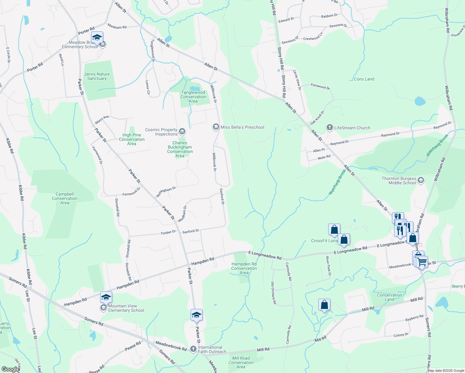 map of restaurants, bars, coffee shops, grocery stores, and more near 237 Millbrook Drive in East Longmeadow