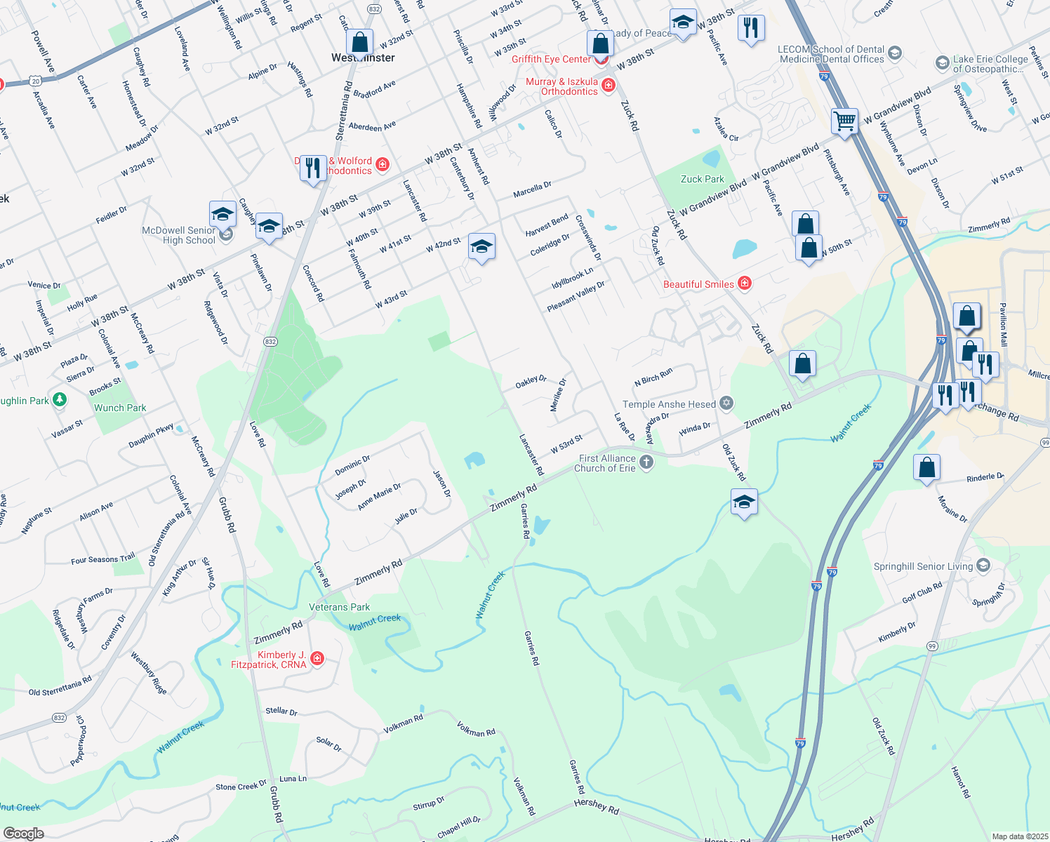 map of restaurants, bars, coffee shops, grocery stores, and more near 5131 Lancaster Rd in Erie