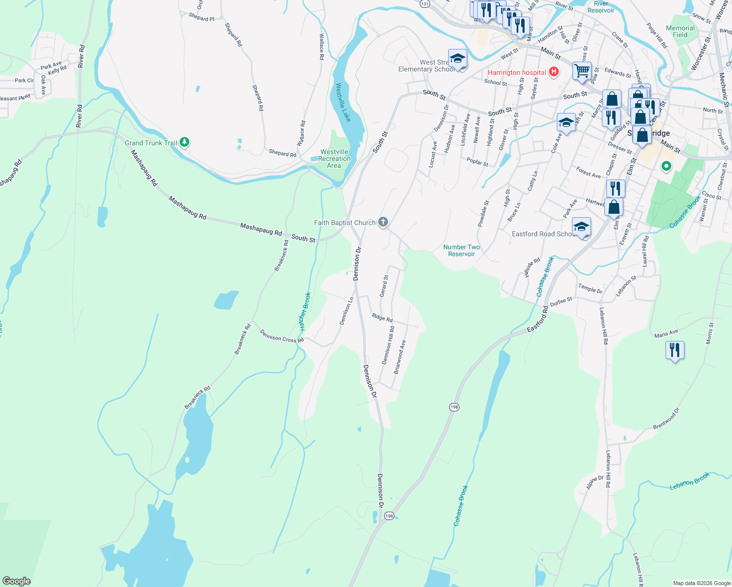 map of restaurants, bars, coffee shops, grocery stores, and more near 13 Ridge Road in Southbridge