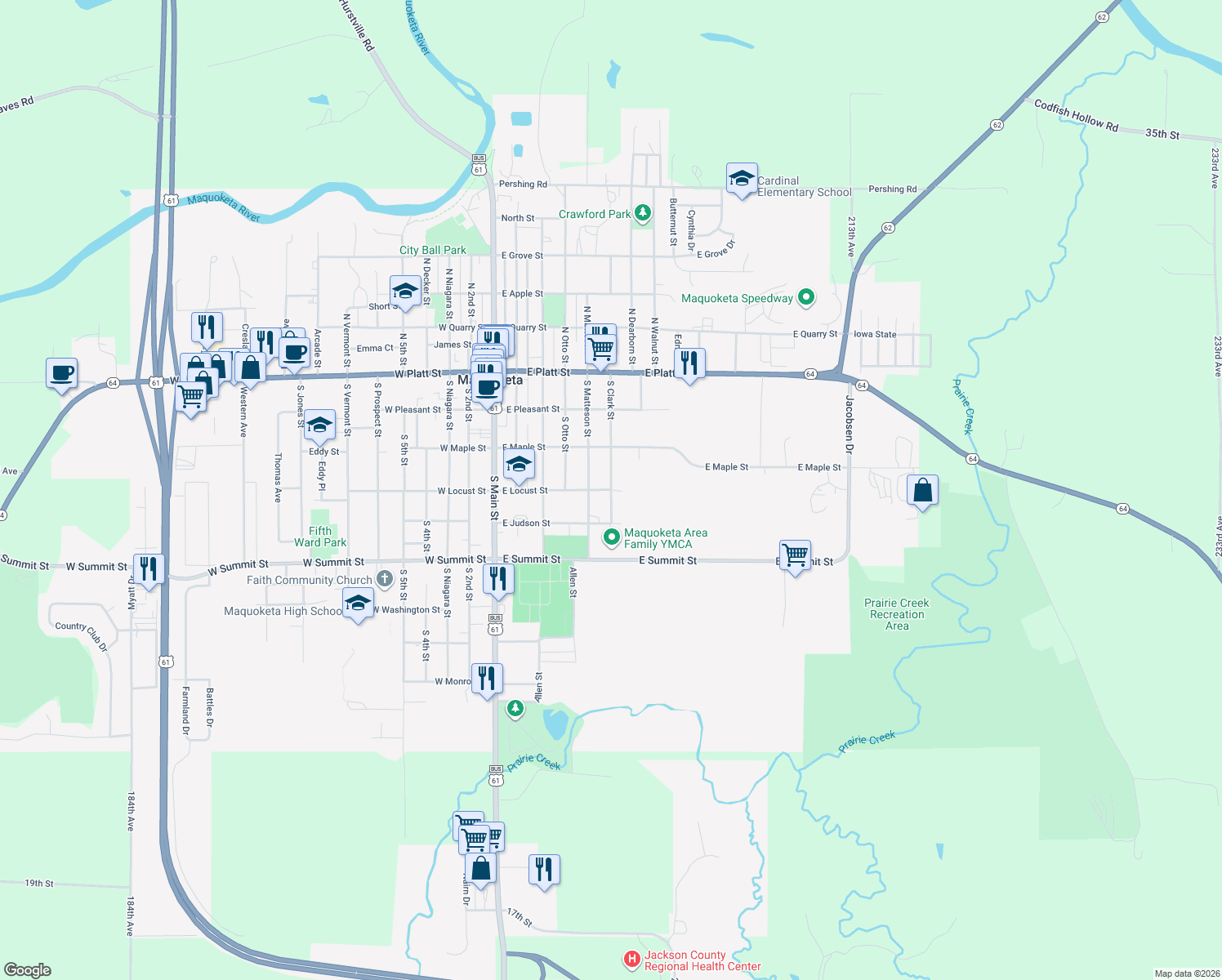 map of restaurants, bars, coffee shops, grocery stores, and more near 598 E Locust St in Maquoketa