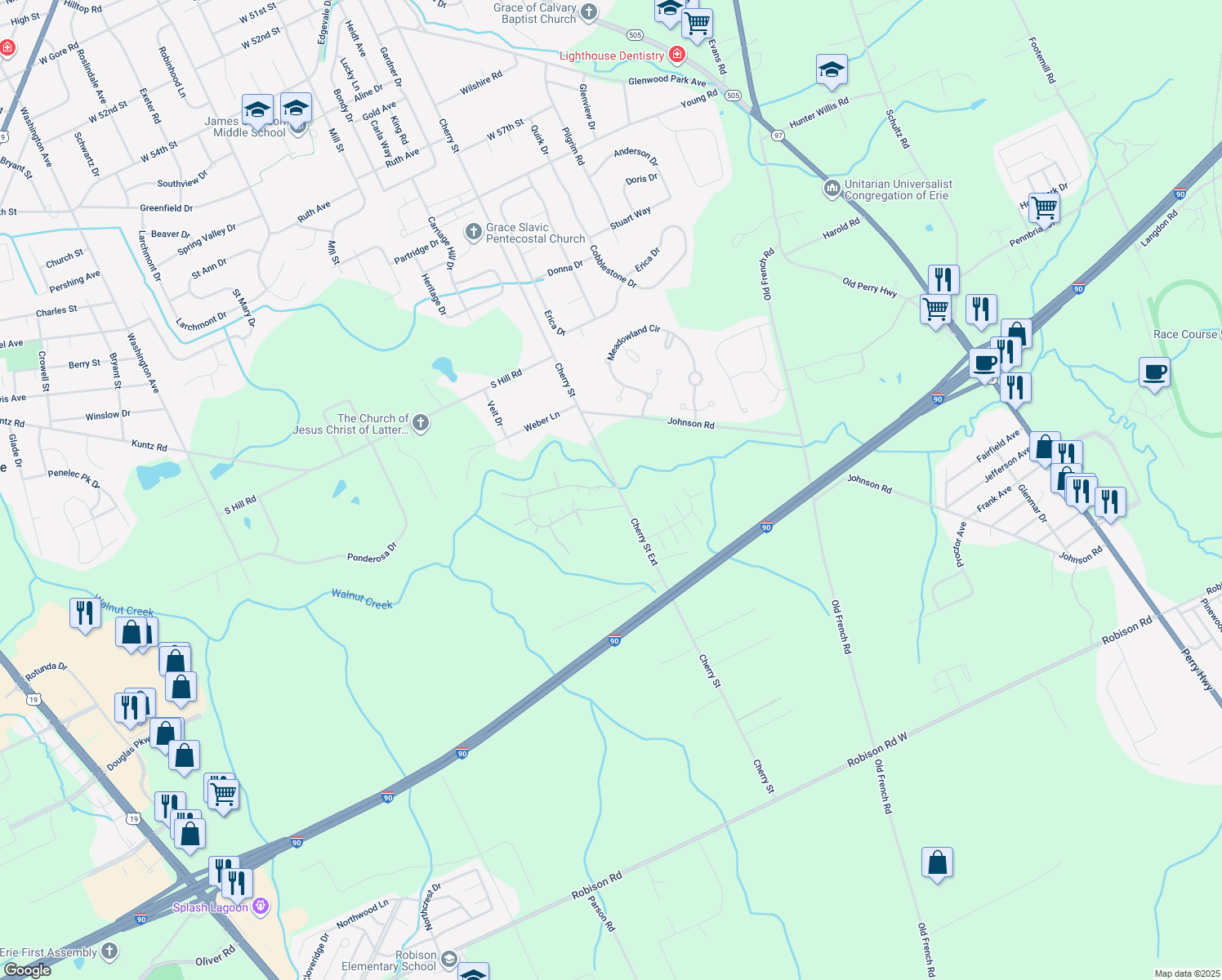 map of restaurants, bars, coffee shops, grocery stores, and more near 852 Maple Hill Drive in Erie