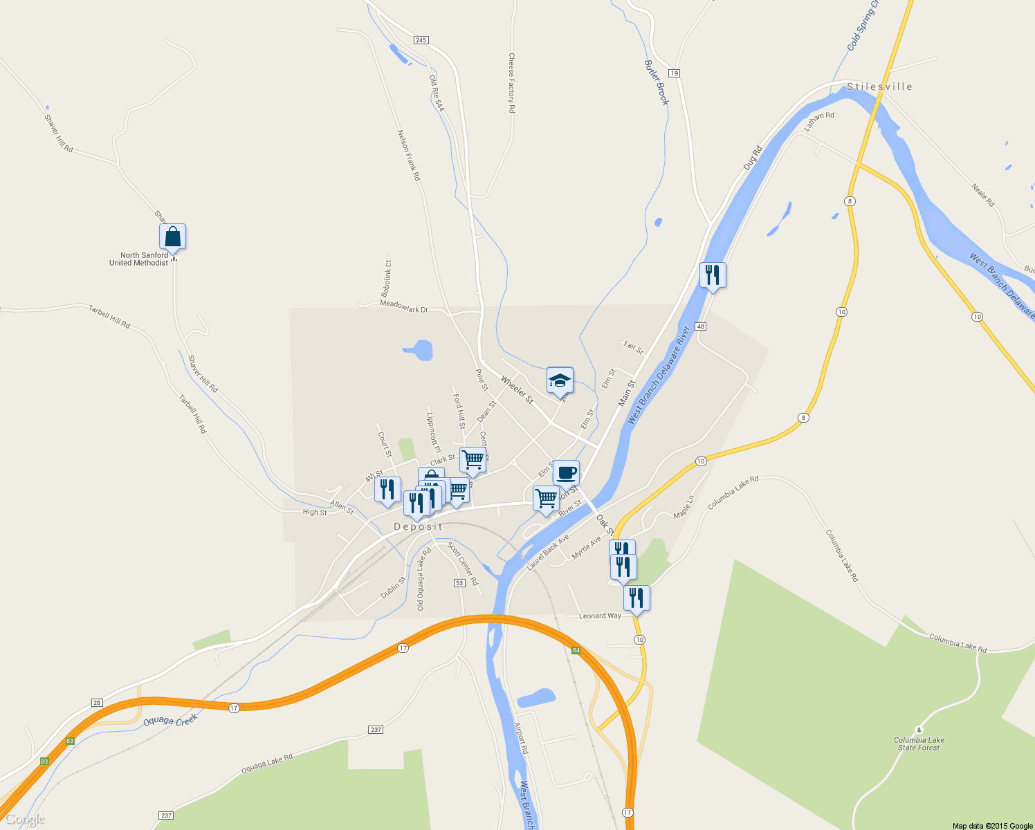 map of restaurants, bars, coffee shops, grocery stores, and more near 66 Pine Street in Deposit