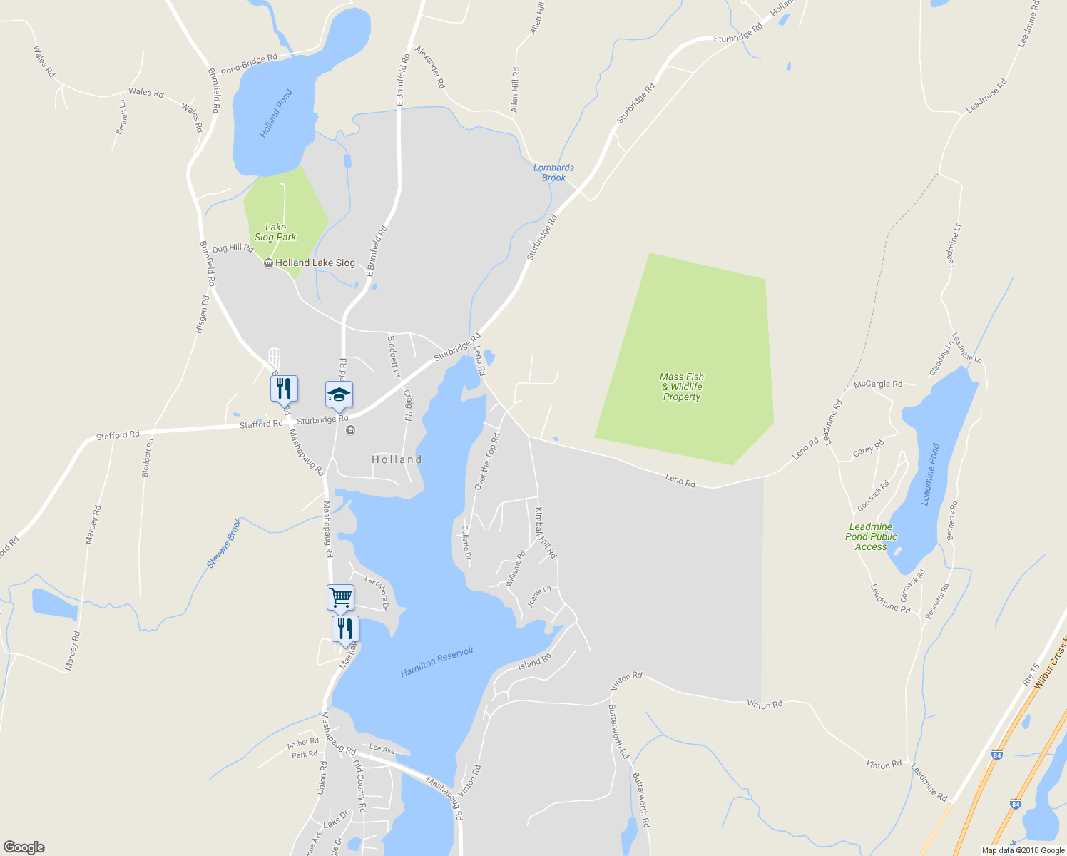 map of restaurants, bars, coffee shops, grocery stores, and more near 31 Leno Road in Holland