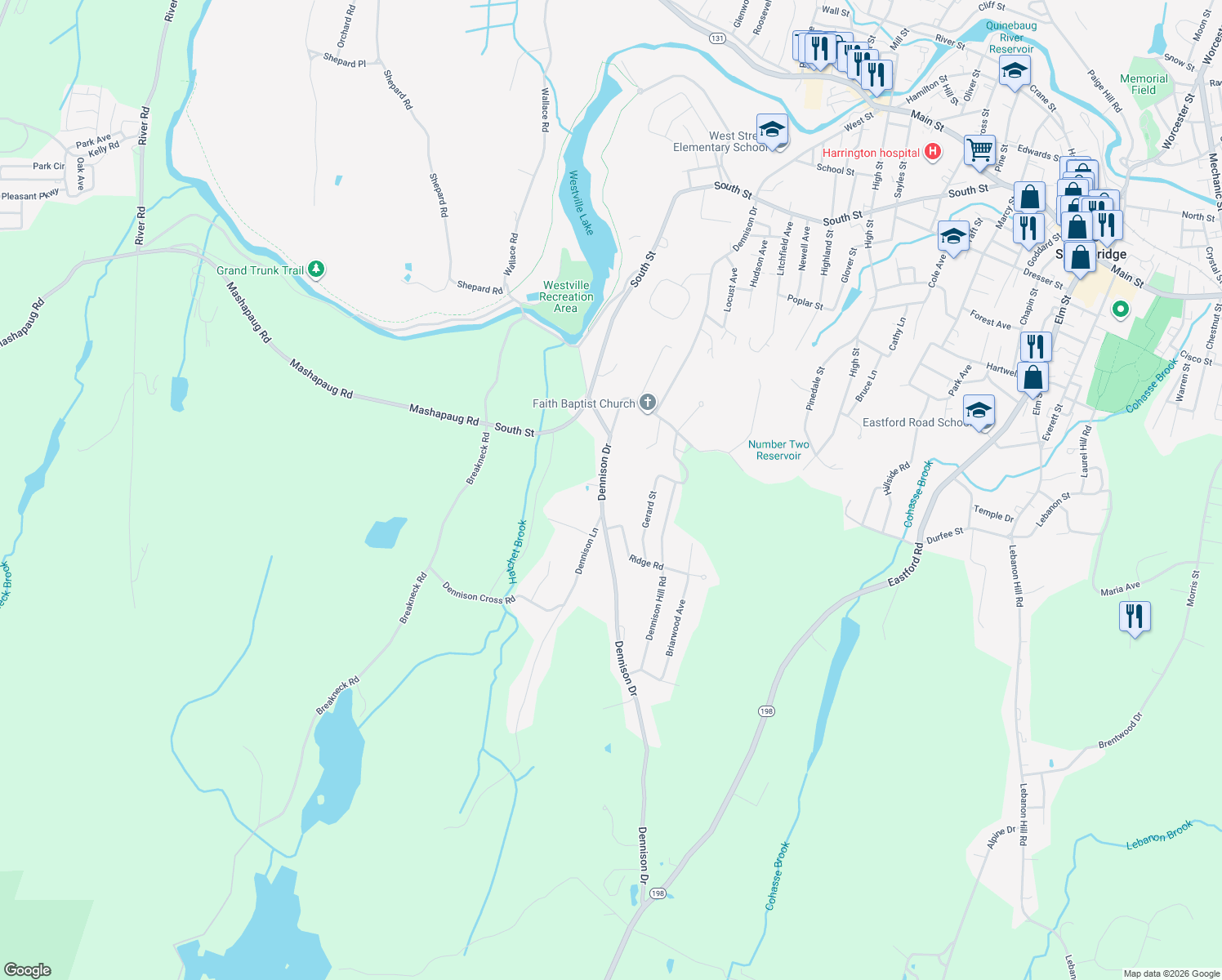 map of restaurants, bars, coffee shops, grocery stores, and more near 655 Dennison Drive in Southbridge