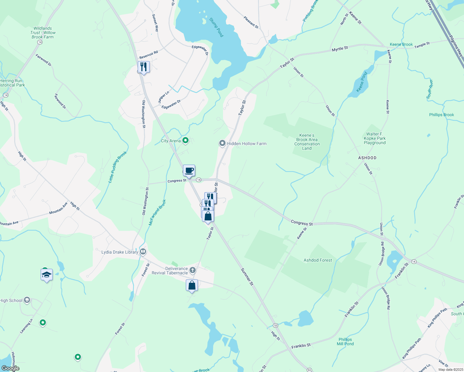 map of restaurants, bars, coffee shops, grocery stores, and more near 118 Congress Street in Pembroke