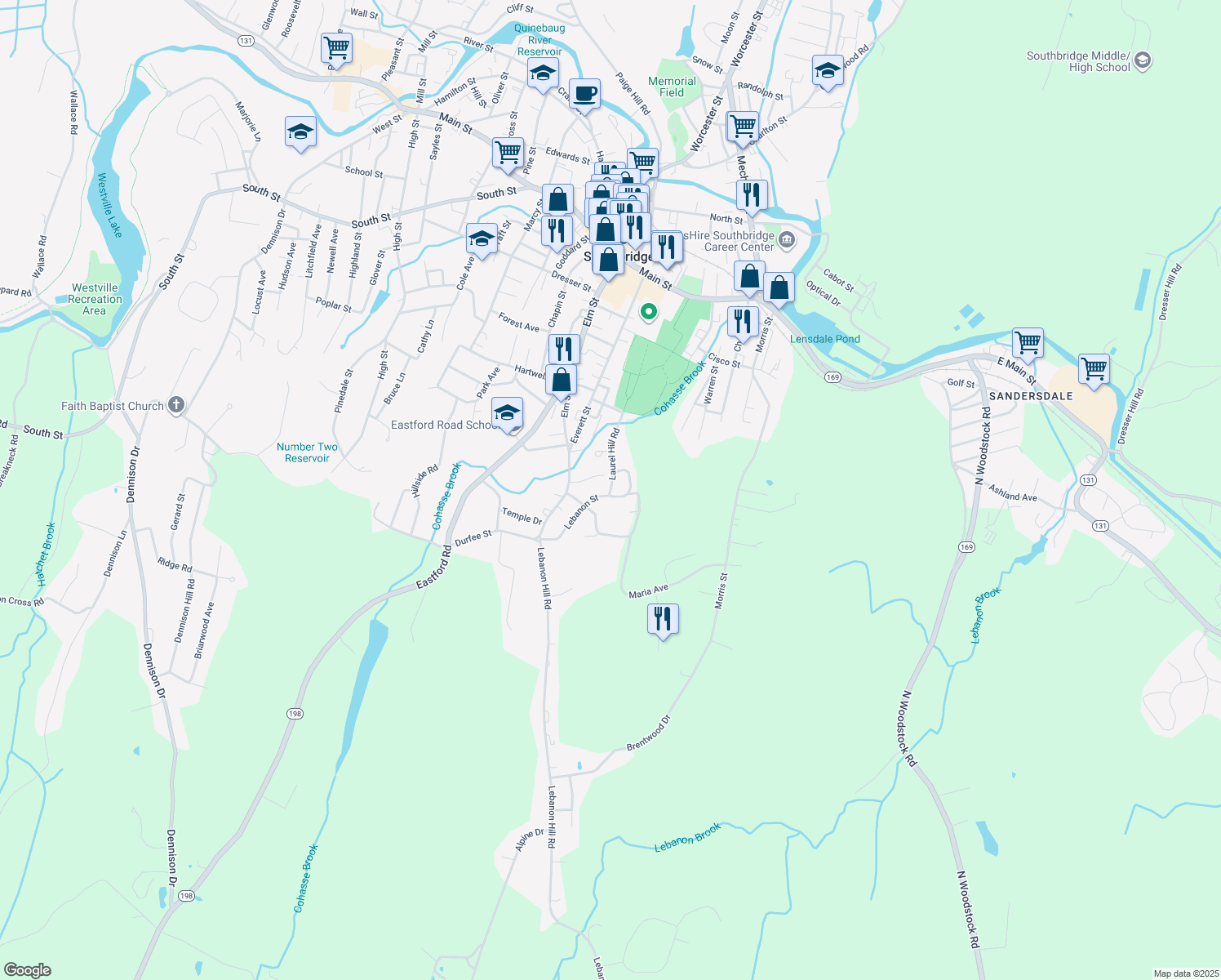 map of restaurants, bars, coffee shops, grocery stores, and more near 5 Laurel Hill Road in Southbridge