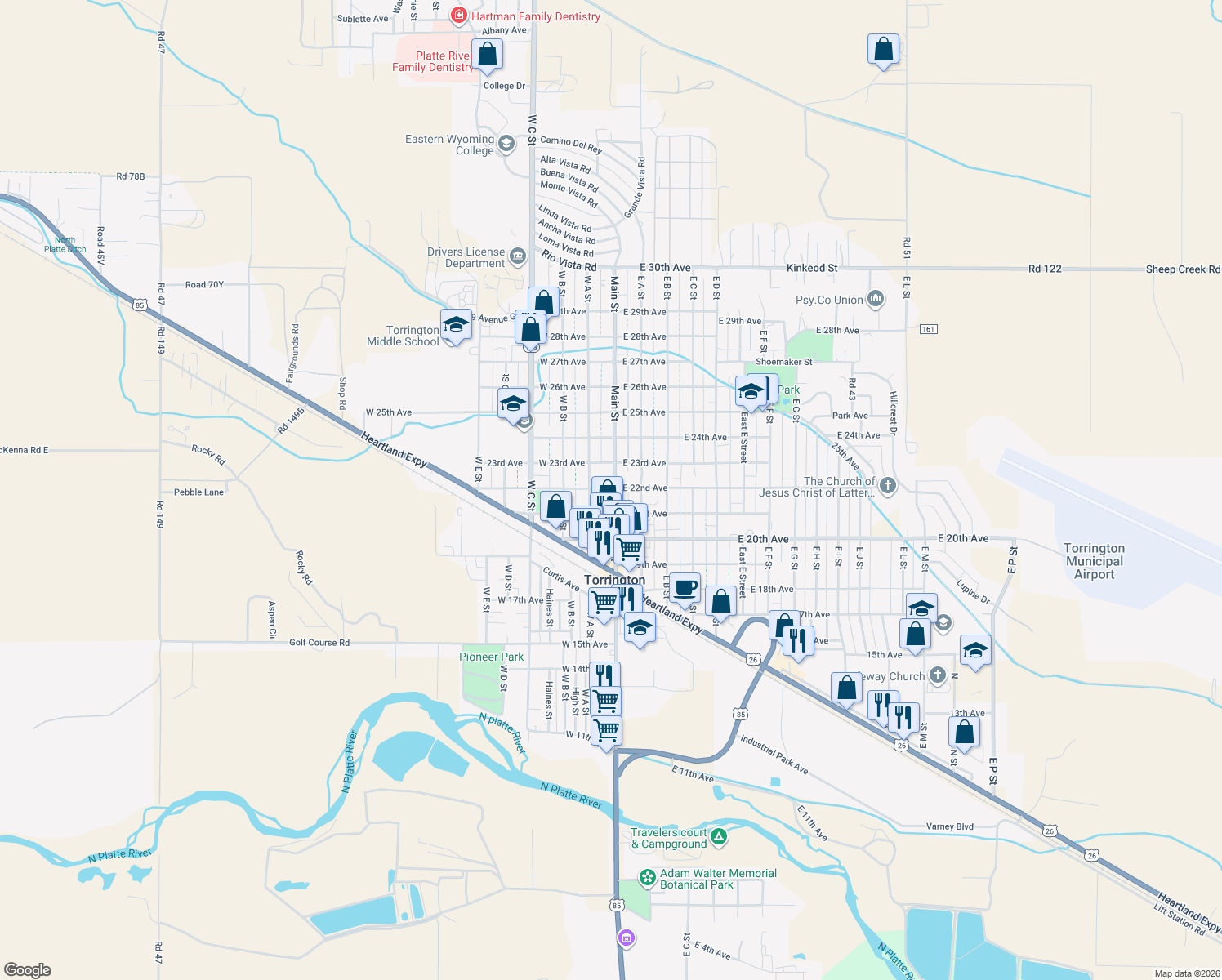 map of restaurants, bars, coffee shops, grocery stores, and more near 111 W 22nd Ave in Torrington