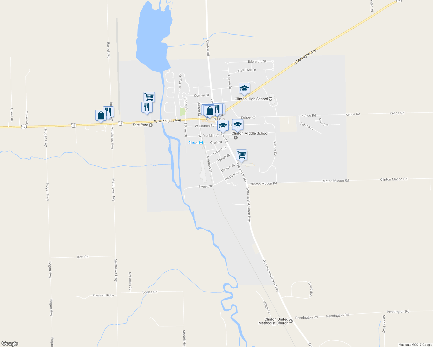 map of restaurants, bars, coffee shops, grocery stores, and more near 714 Joseph Kies Street in Clinton