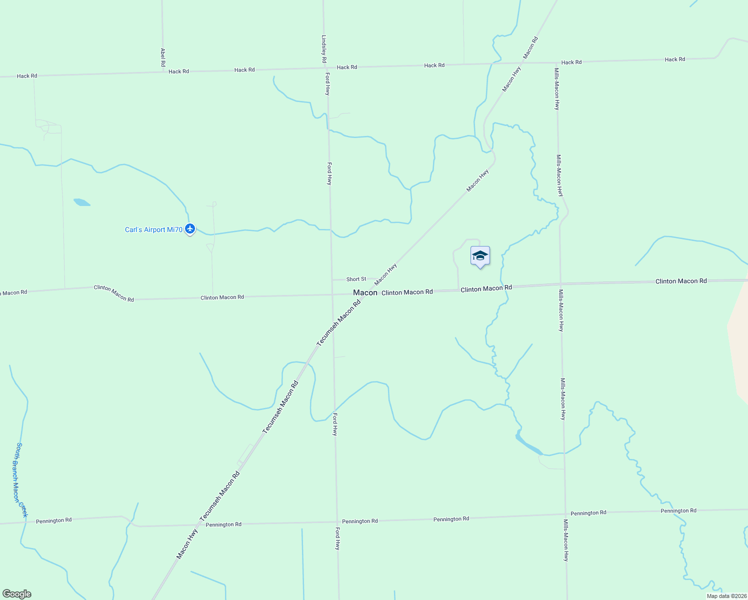 map of restaurants, bars, coffee shops, grocery stores, and more near 8225 Clinton Macon Road in Clinton