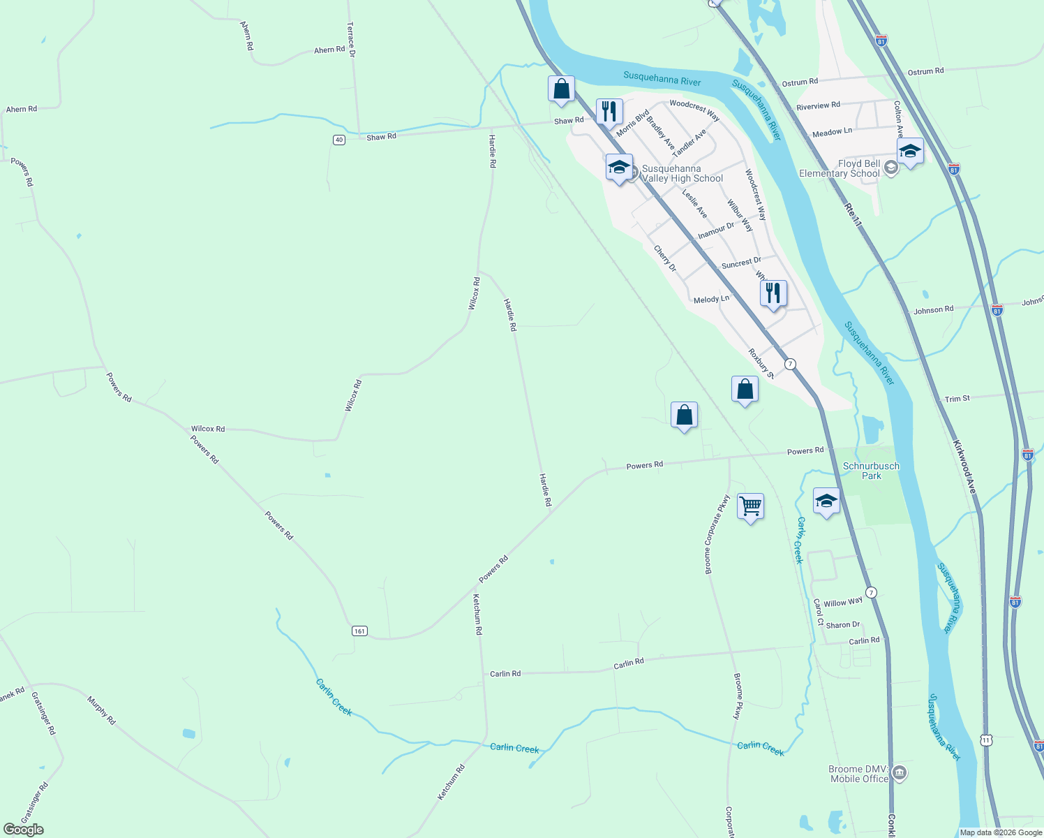 map of restaurants, bars, coffee shops, grocery stores, and more near 63 Hardie Road in Conklin