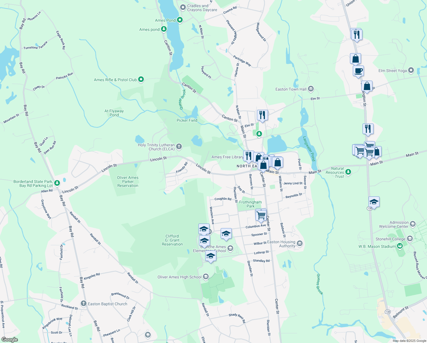 map of restaurants, bars, coffee shops, grocery stores, and more near 89 Lincoln Street in Easton