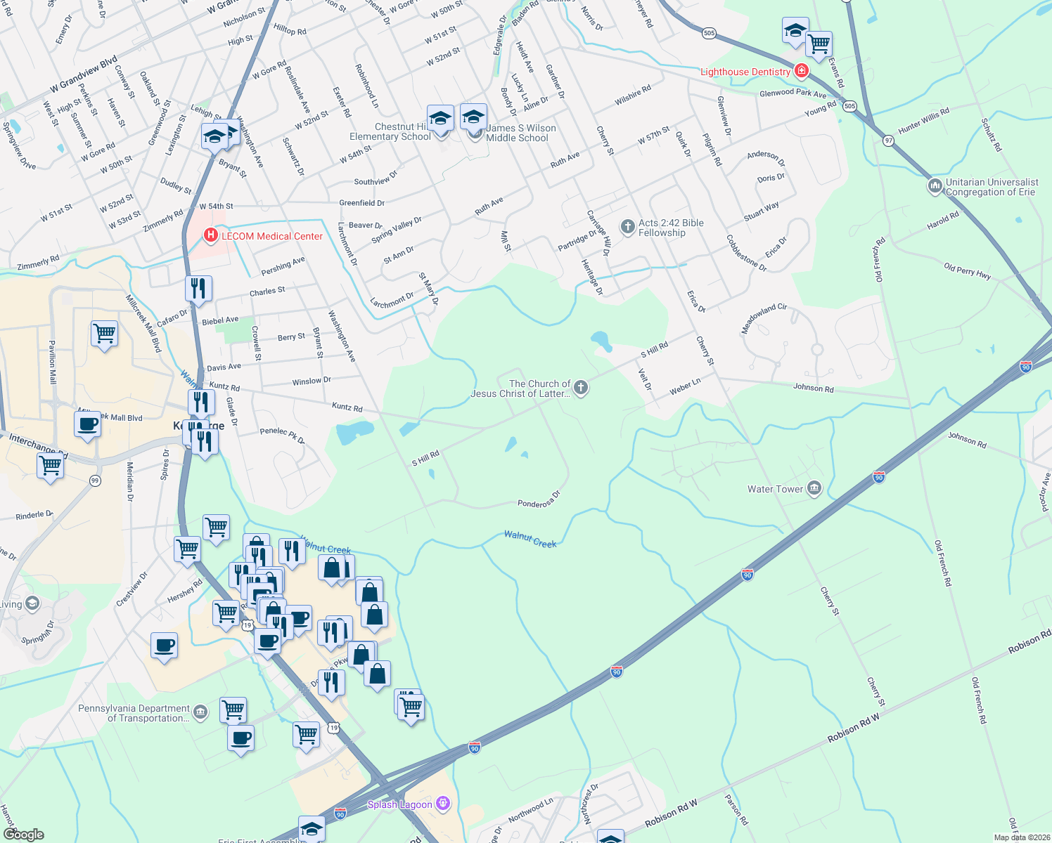 map of restaurants, bars, coffee shops, grocery stores, and more near 1225 S Hill Rd in Erie