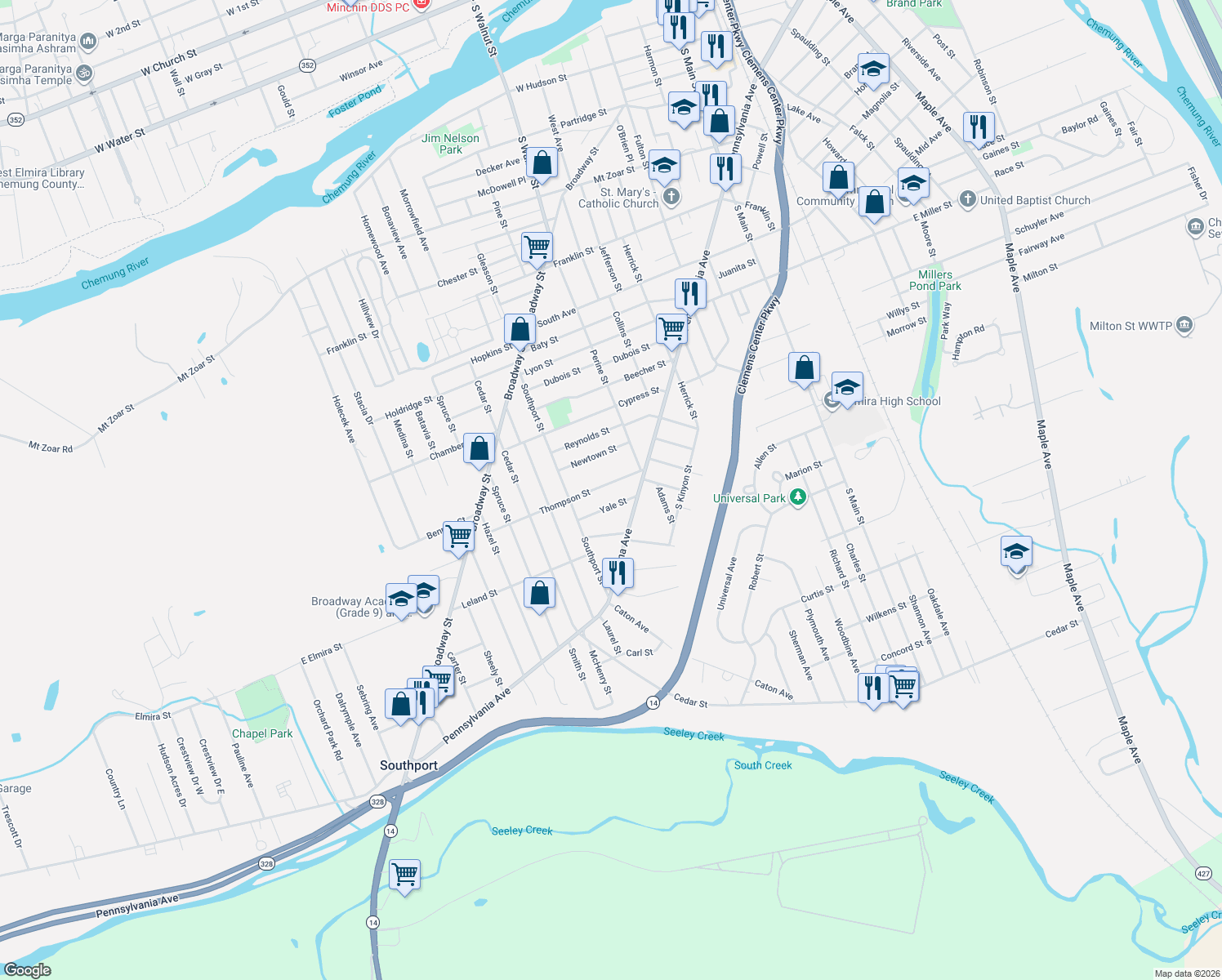 map of restaurants, bars, coffee shops, grocery stores, and more near 567 Thompson St in Elmira