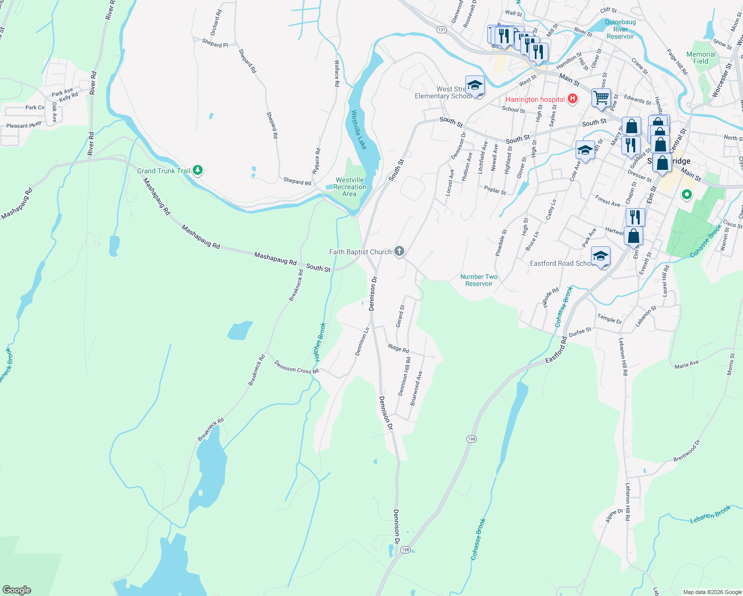 map of restaurants, bars, coffee shops, grocery stores, and more near 655 Dennison Drive in Southbridge
