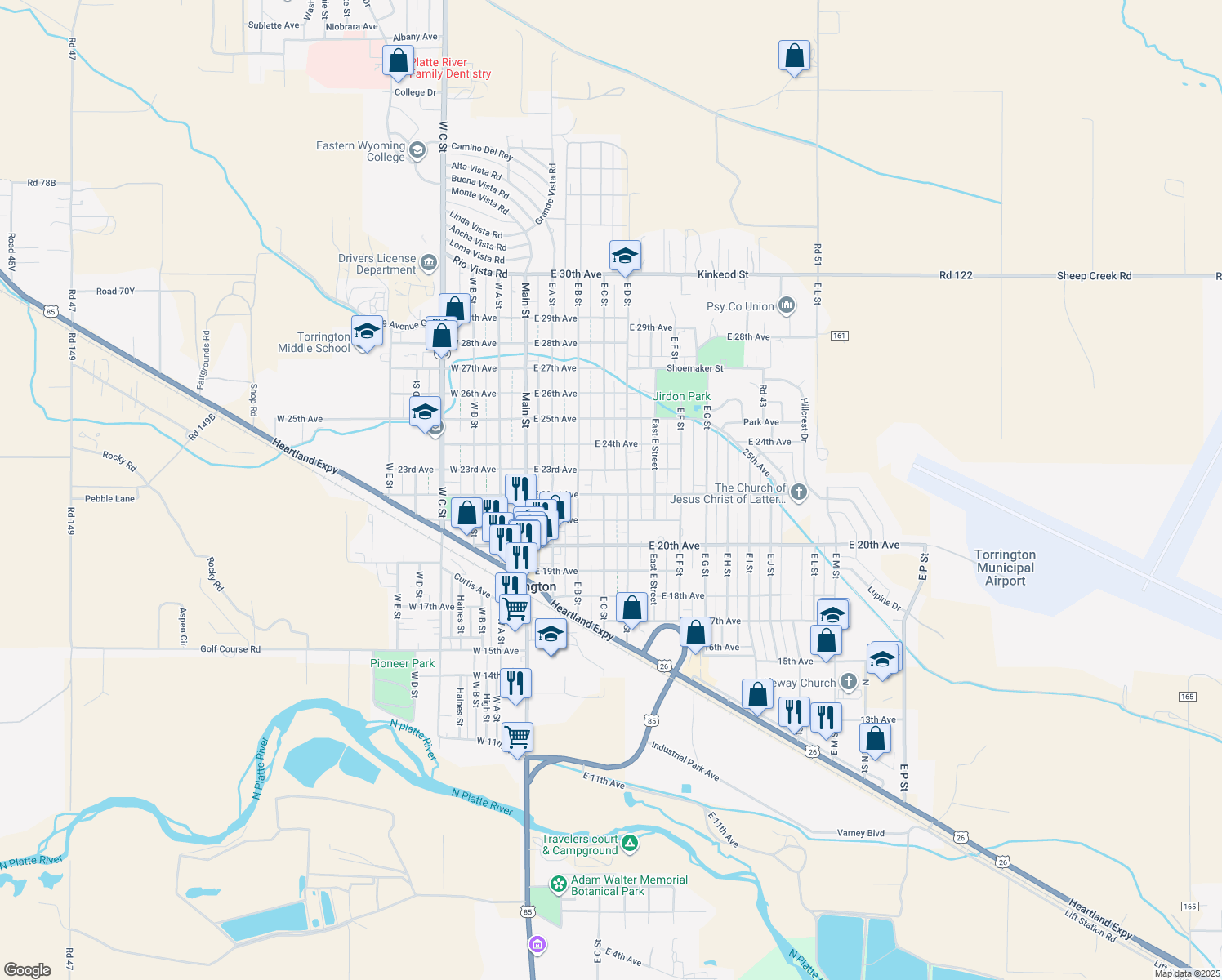 map of restaurants, bars, coffee shops, grocery stores, and more near 499 East 22nd Avenue in Torrington