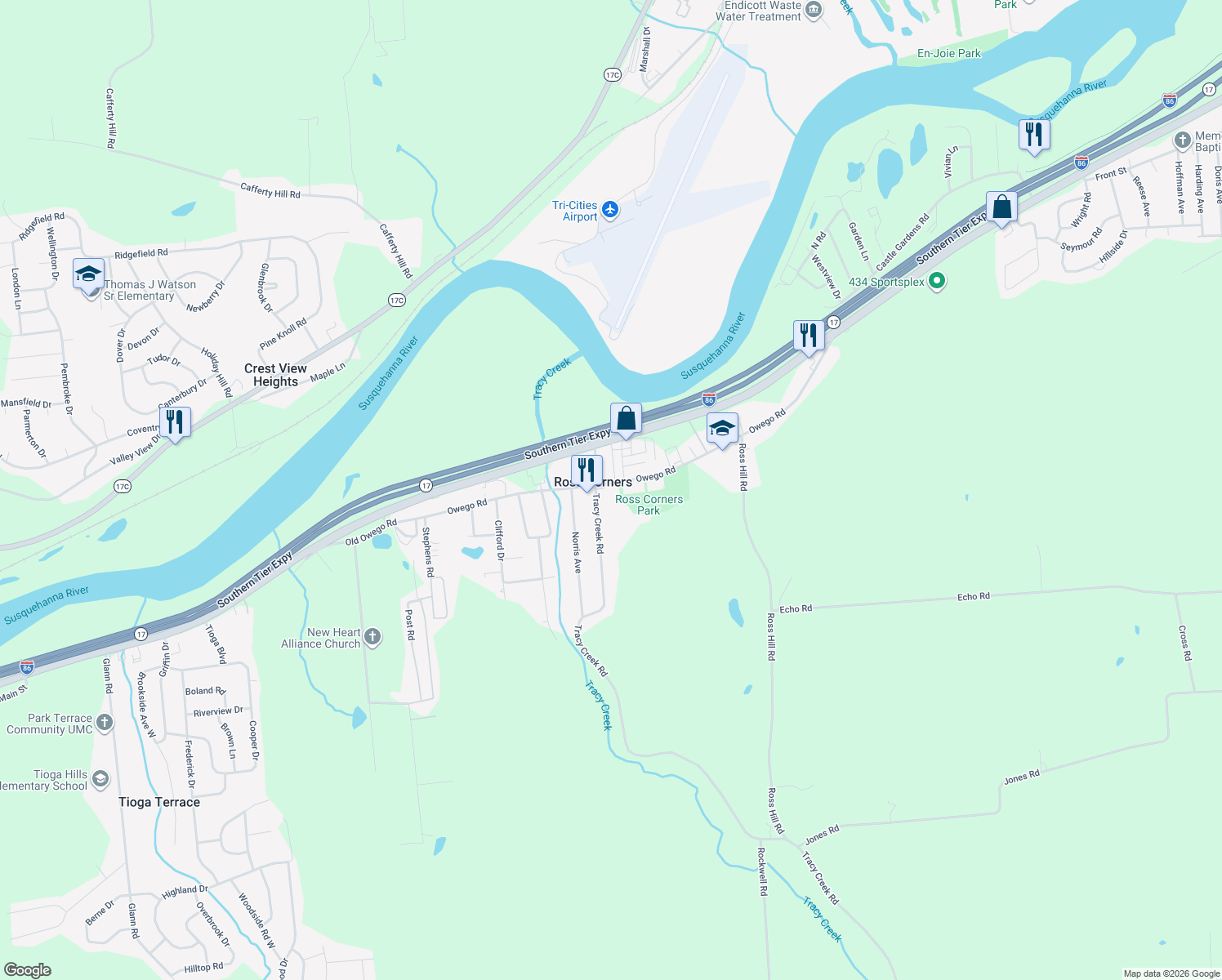 map of restaurants, bars, coffee shops, grocery stores, and more near 2307 Owego Rd in Vestal