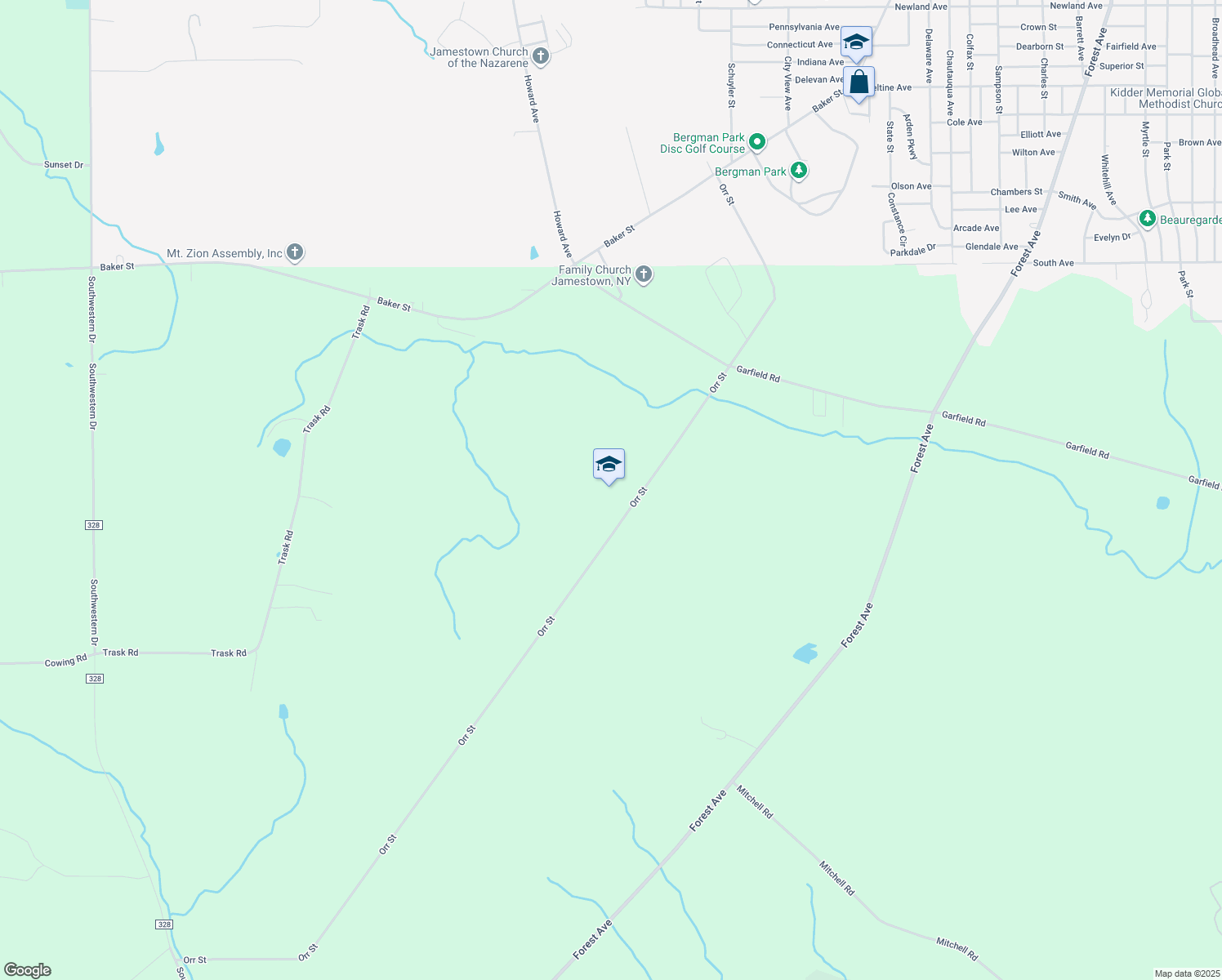 map of restaurants, bars, coffee shops, grocery stores, and more near 1565 Orr Street in Jamestown