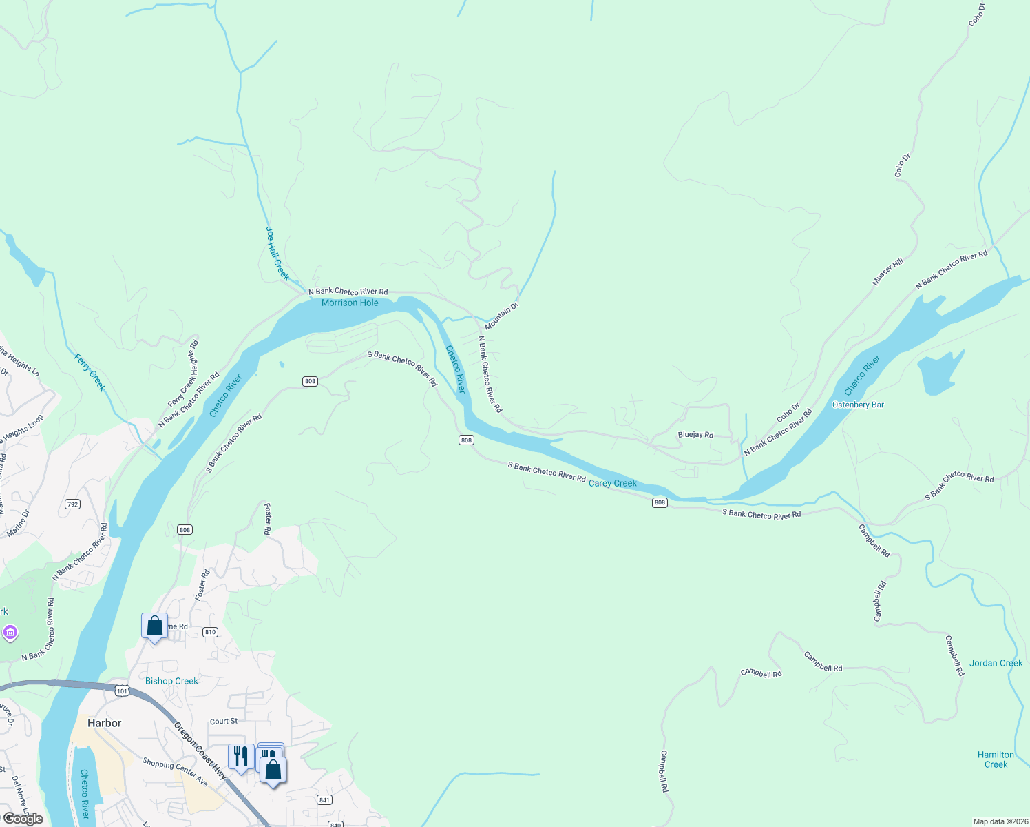 map of restaurants, bars, coffee shops, grocery stores, and more near 98493 North Bank Chetco River Road in Brookings