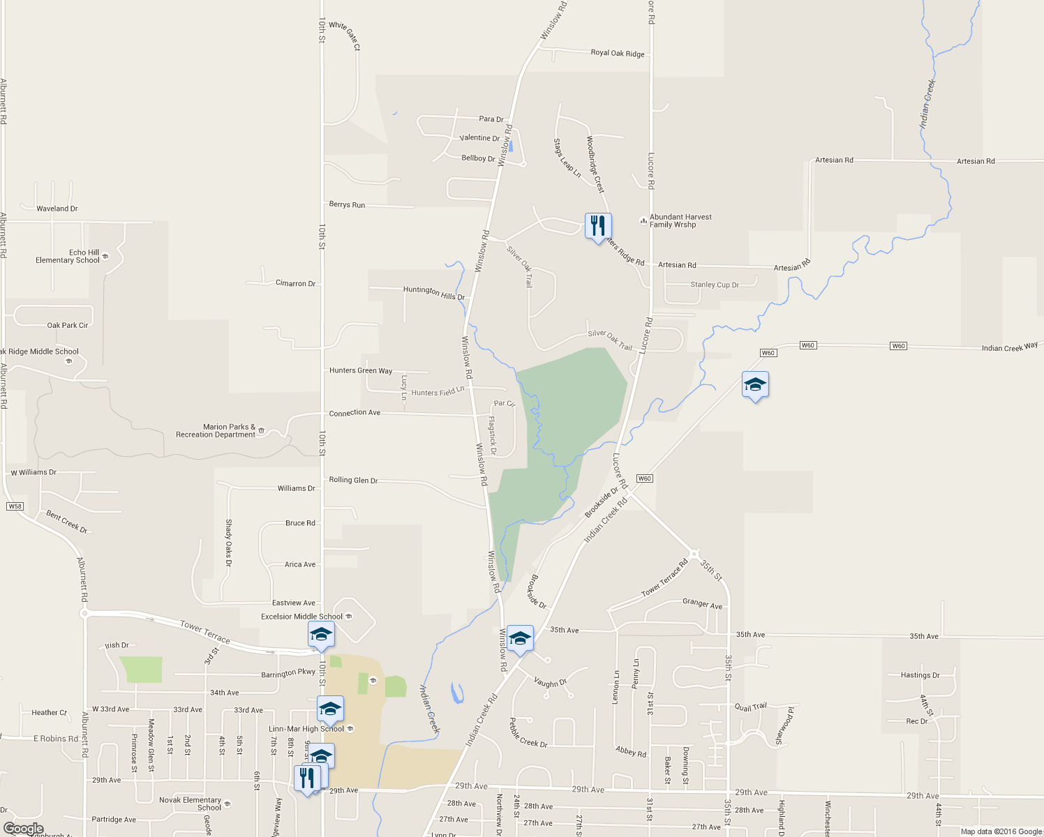 map of restaurants, bars, coffee shops, grocery stores, and more near 4355 Par Cir in Marion