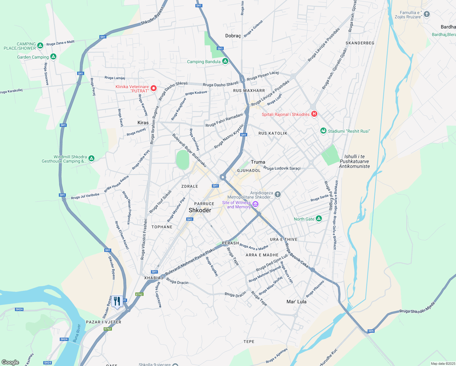 map of restaurants, bars, coffee shops, grocery stores, and more near Rruga Teuta in Shkodra