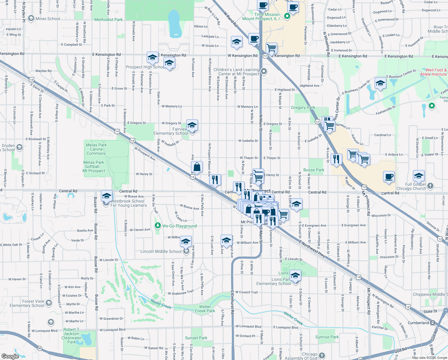 map of restaurants, bars, coffee shops, grocery stores, and more near 15 North Ridge Avenue in Mount Prospect