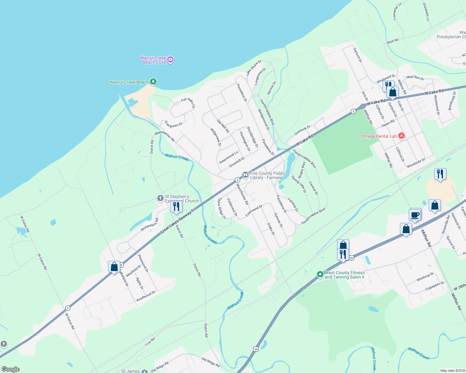 map of restaurants, bars, coffee shops, grocery stores, and more near 6412 Hearthstone Ln in Erie