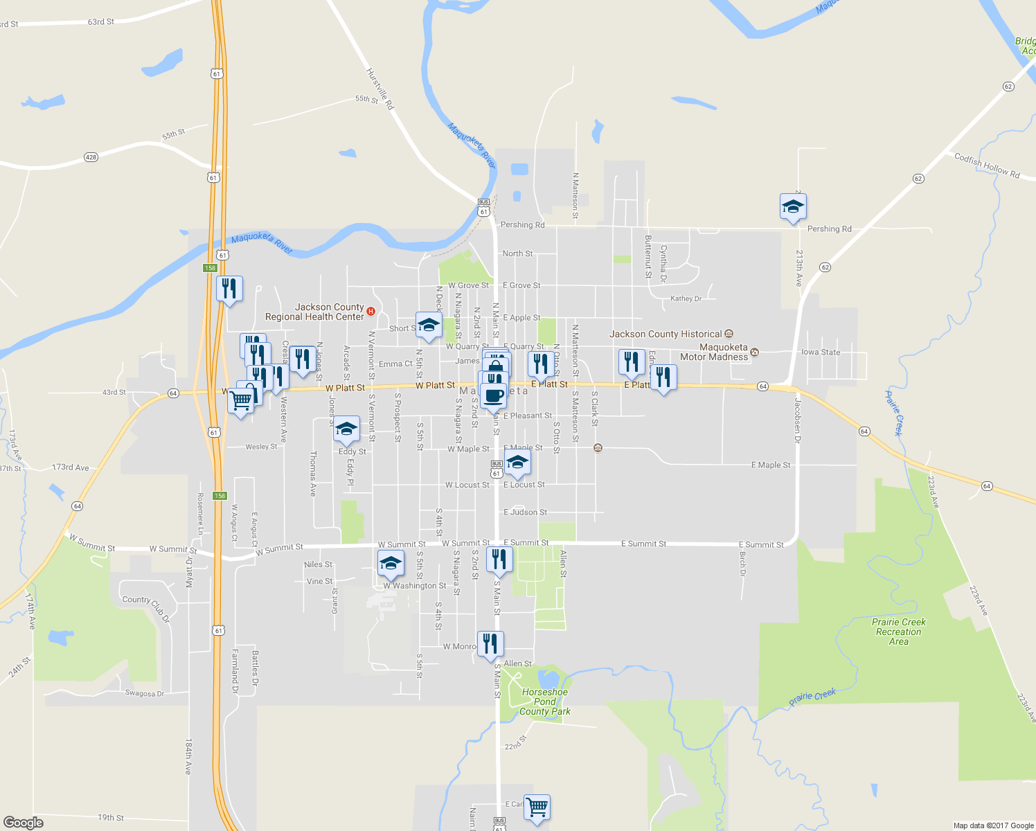 map of restaurants, bars, coffee shops, grocery stores, and more near 213 E Pleasant St in Maquoketa